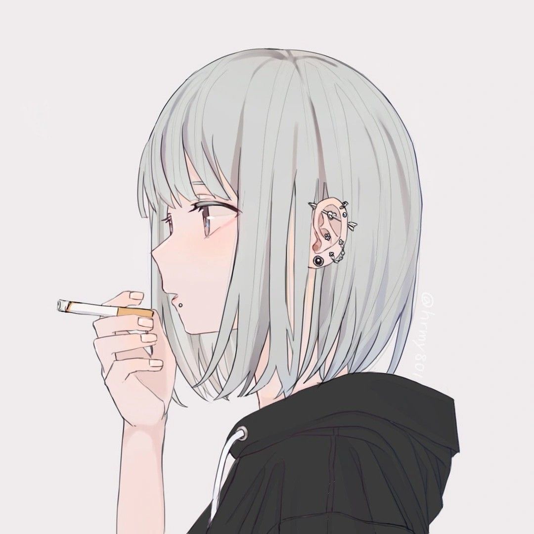 the image is a digital illustration of an animestyle girl. she has short, light grey hair styled in a bob, and is shown in profile view.  she's holding a cigarette to her lips, suggesting she's about to smoke. she has multiple piercings in her ear and a lip piercing. she's wearing a black hoodie. her expression is somewhat somber and melancholic.  the art style is soft and detailed, with a focus on subtle shading and color.  the artist's tag, @haruy87, is subtly placed in the image.
