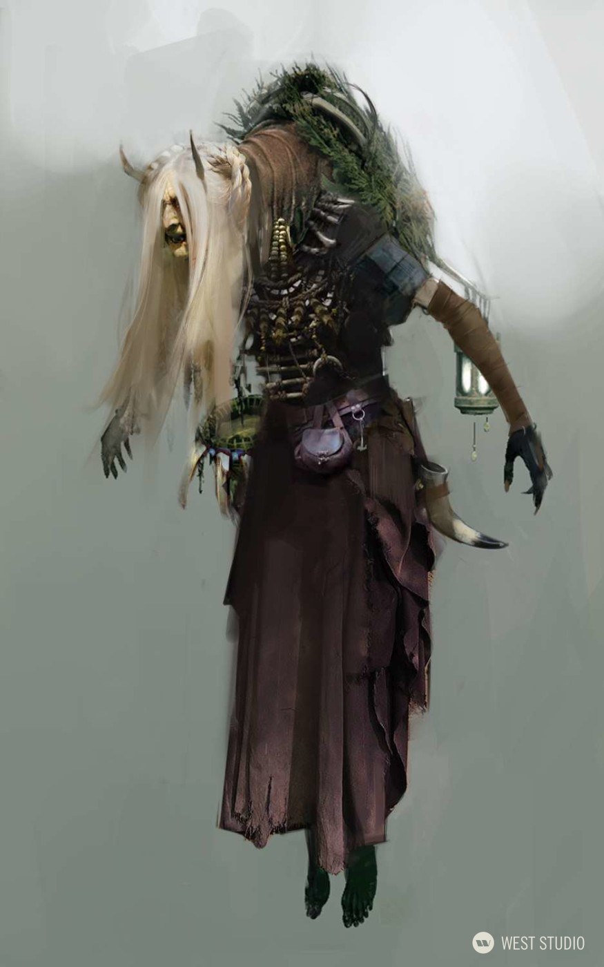 the image showcases a digital painting of a haunting humanoid figure, possibly a witch or shaman, with a skeletal, horned creature emerging from their back. the figure is adorned with intricate jewelry, bones, and amulets, and holds a lantern in their left hand. they wear a tattered, flowing robe and their feet appear withered. the background is a muted, desaturated green, emphasizing the macabre nature of the subject. the lighting is soft and diffused, casting subtle shadows that enhance the figure's eerie presence.