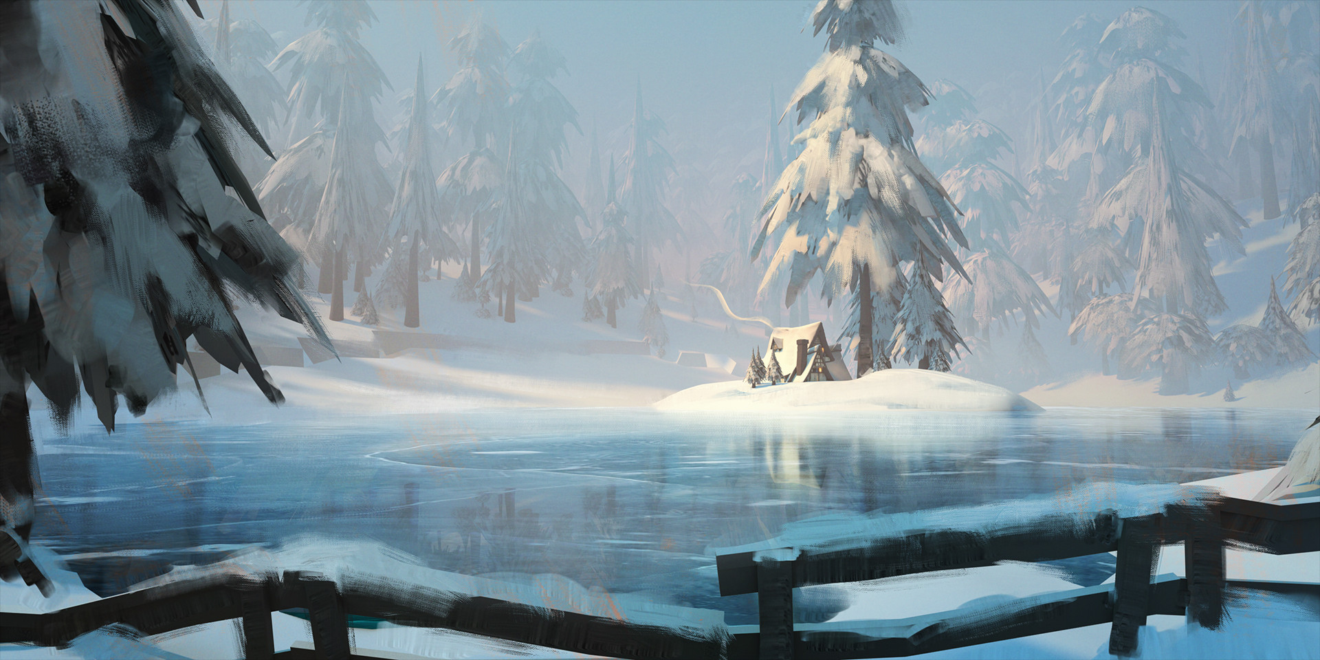 a winter scene with a frozen lake and a cabin in the snow. the lake is covered with ice and surrounded by snowcovered trees. the cabin is small and wooden, with a snowy roof. the trees are tall and covered in snow, and the air is cold and crisp. the sun is shining, and the snow is sparkling in the light. the snow is falling gently, and the landscape is covered in white. it is a beautiful winter scene, and it looks like a perfect place to relax and enjoy the peace and quiet of the winter.