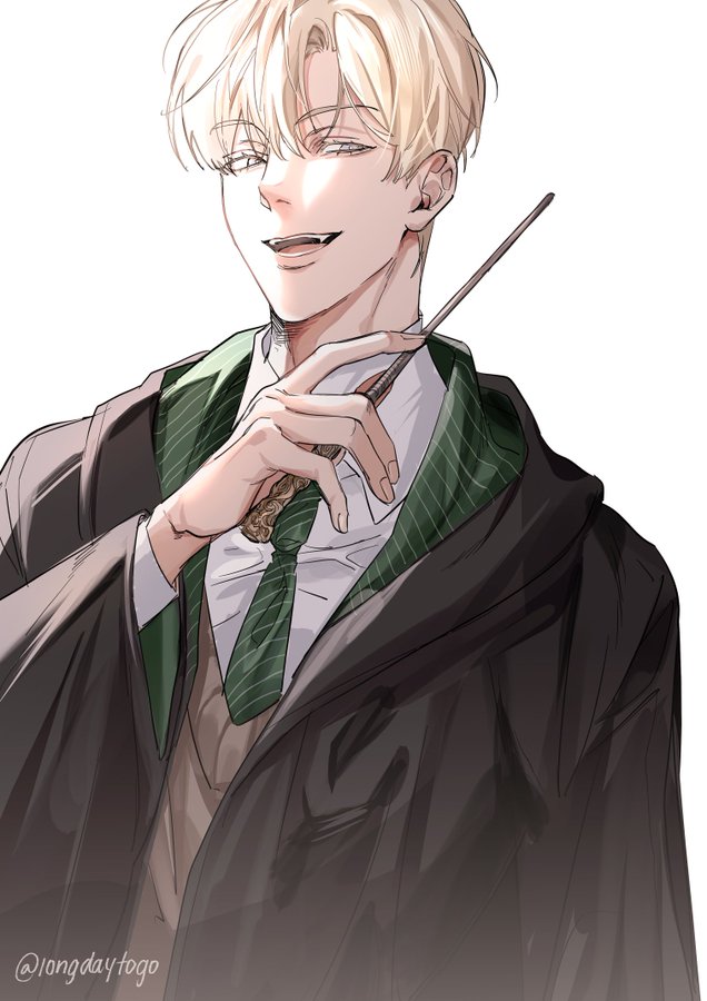 the image shows an animestyle drawing of a young, blondhaired boy. he is wearing a slytherin robe, green tie, and white shirt, and is holding a wand. he has a sly smile and looks confident and elegant. the art style is clean and detailed, with soft shading and highlights. the background is plain white, making the character the main focus of the image. the overall tone is mysterious and stylish.