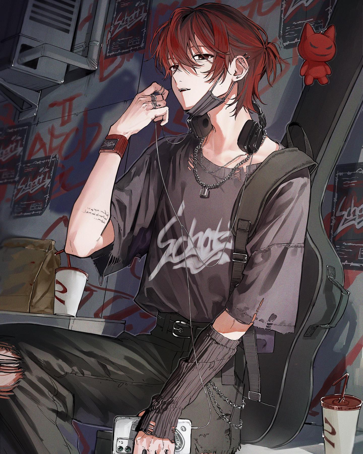 the image is a digital painting of an animestyle boy with red hair. he's wearing a dark gray tshirt with graffitistyle writing, ripped jeans, fingerless gloves, and numerous accessories such as chains, bracelets, and rings. a face mask partially obscures his face. he is leaning against a guitar case, in a setting with graffiti on the wall behind him.  the overall style is grunge and edgy. the color palette is dark and muted. the image is detailed and expressive.