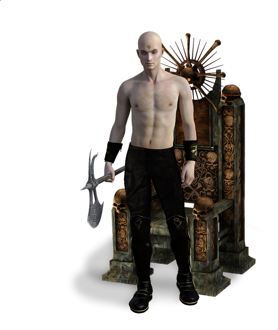 a bald, topless man with abs stands holding an axe next to a throne decorated with skulls against a black background.