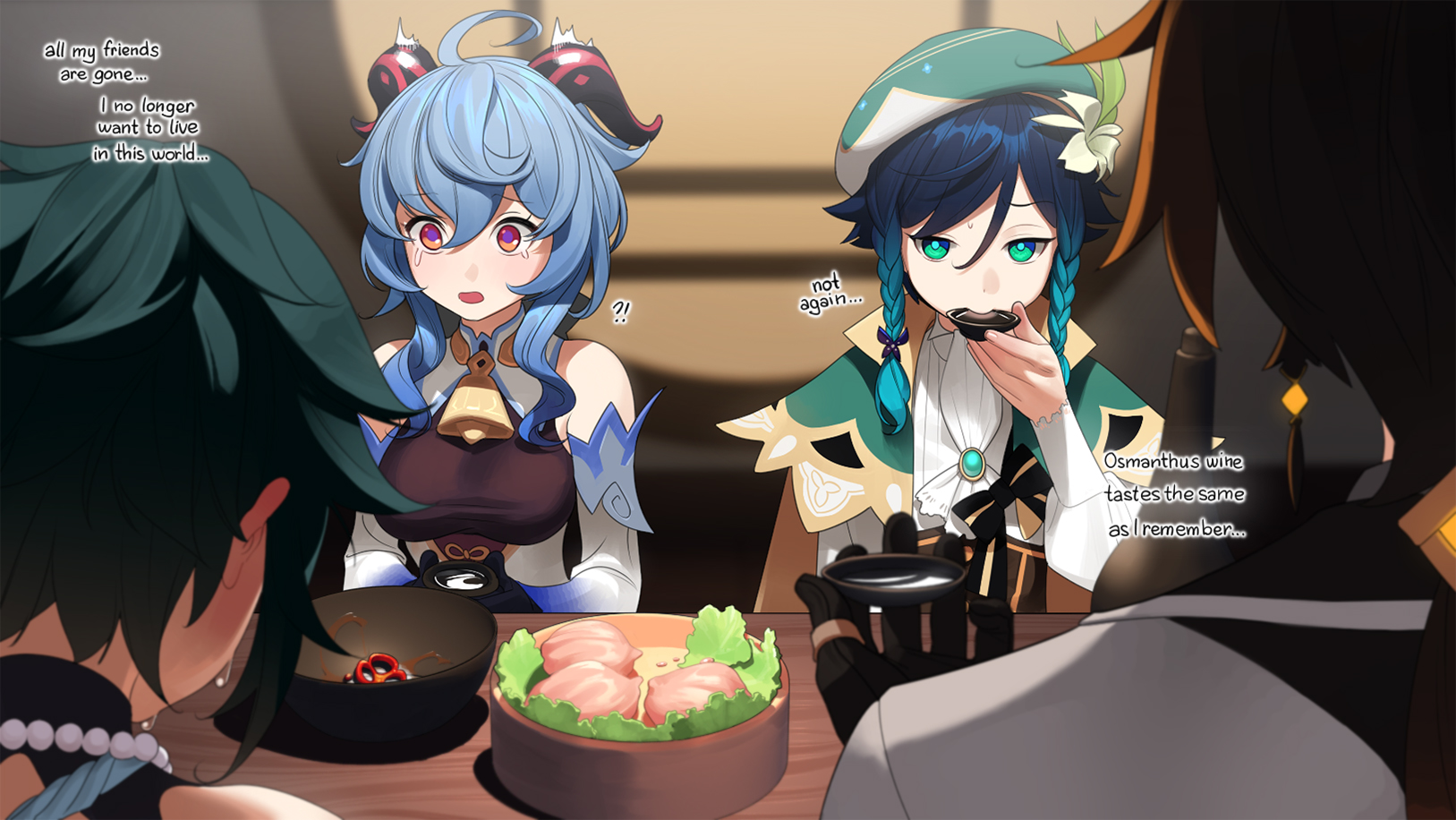 the image shows a scene of three characters from genshin impact (ganyu, xiao, and venti) eating together. ganyu appears distressed, with tears in her eyes, and her dialogue bubble expresses her grief and desire to no longer live in a world without her friends. xiao listens with a heartbroken expression, while venti, unaware of the conversation, comments on the familiar taste of osmanthus wine. the scene is emotionally charged, contrasting ganyu's despair with venti's obliviousness and highlighting the heavy theme of loss and isolation.