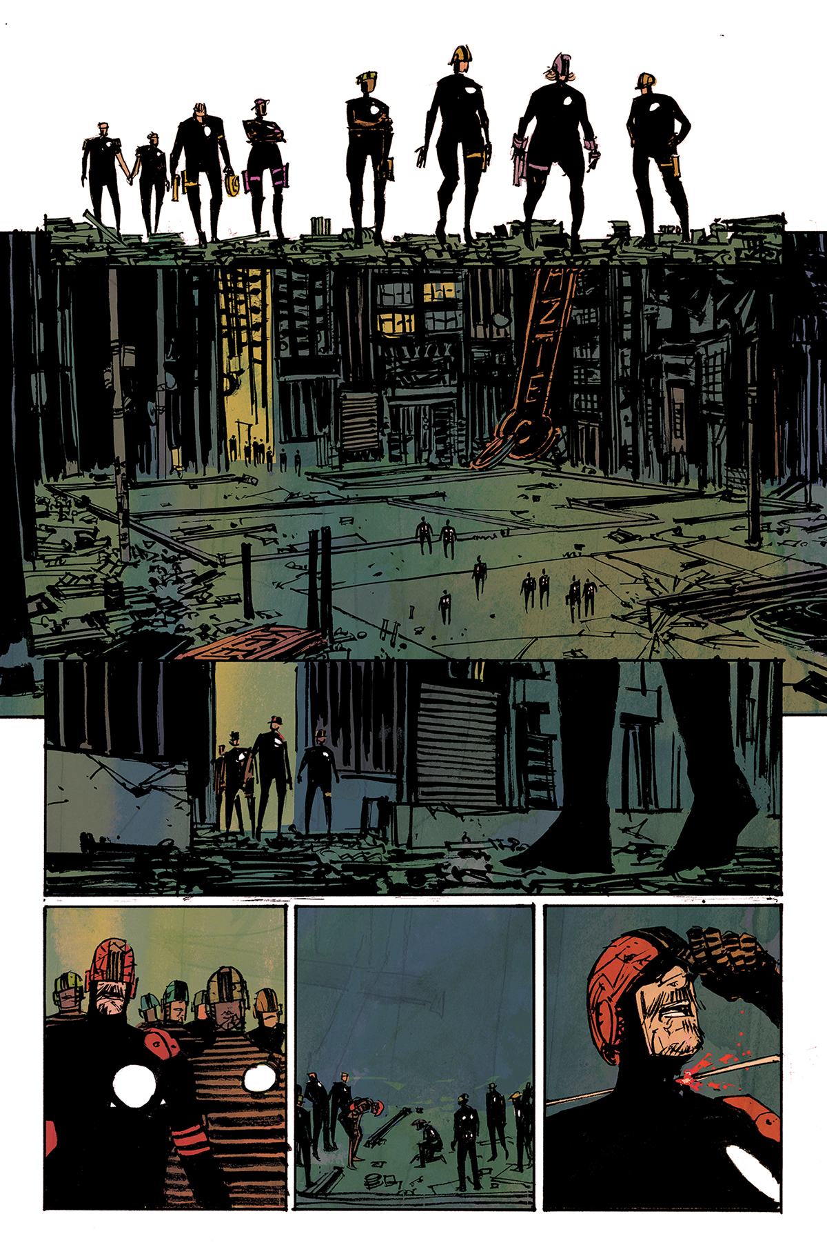 a black and white comic book panel depicting a futuristic city in ruins. in the first panel, several figures are shown standing on a rooftop with weapons drawn, in front of them is a destroyed cityscape. the second panel shows the same cityscape, but this time we see the figures from the first panel walking down a street, looking down at the rubble. in the final panel, a masked figure is shown kneeling on the ground with a bloody wound on their head, in the background, the same cityscape can be seen, this time the figure is in the center of the frame, indicating that they are the focus of the scene. the comic book art style is gritty and dark, using lots of shadows and contrasting lines to create a sense of foreboding and tension. the image is full of detail, providing a glimpse into the dystopian world of the comic book.