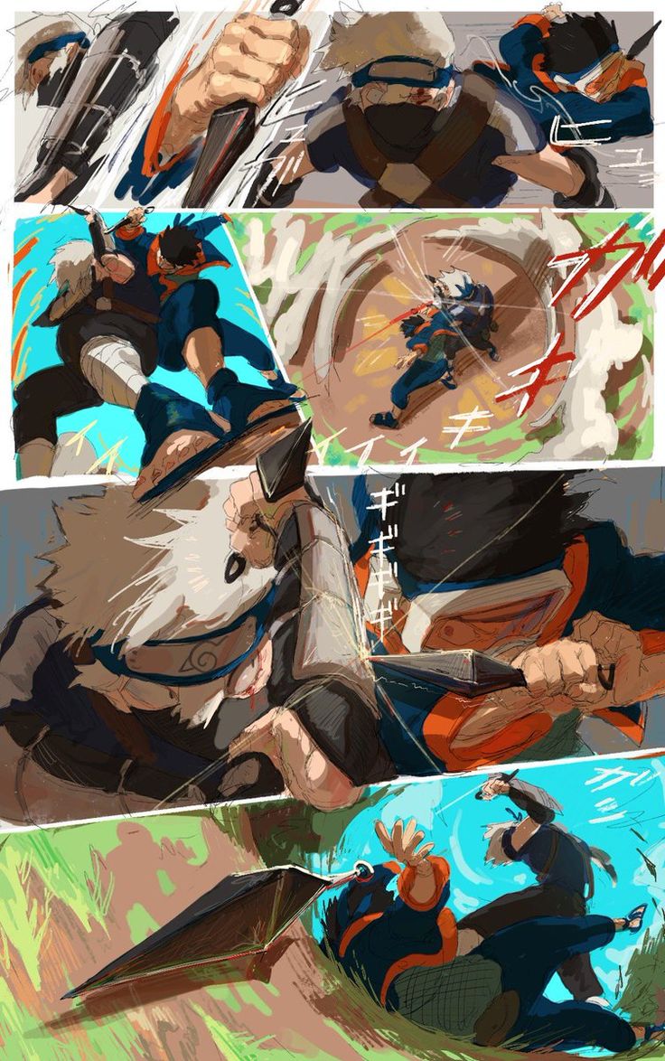 this is a manga panel from a naruto fight scene.  it looks like naruto is fighting sasuke in a few different frames of action. it appears to be a fight that involves a lot of speed and chakra, there are many jutsu being used, and both naruto and sasuke are in very dynamic poses. the panel also has a lot of action lines which add to the energy and dynamism of the scene. there is a sense of urgency and intensity to the panel, and the reader can't help but feel excited to see how the fight will end.