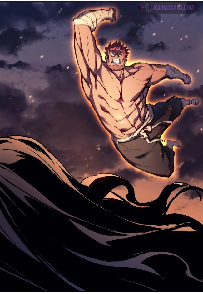 a muscular man with red hair is flying through the air,  he has a determined look on his face and is prepared to attack. he is surrounded by a dark shadow and a cape billows behind him.  he is a powerful warrior in a manga/anime style.  the scene is an intense one, full of action and energy.