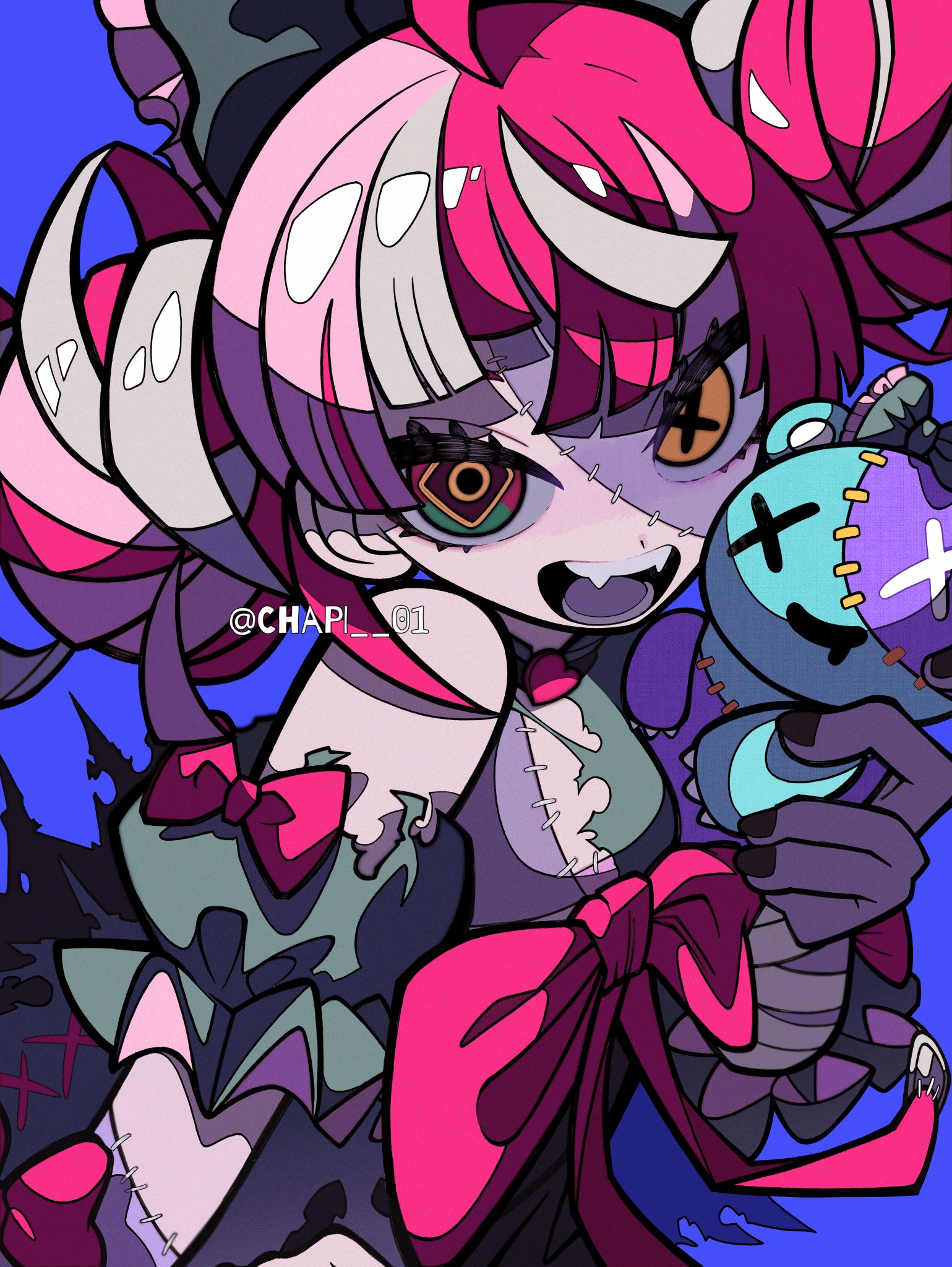 a cartoon illustration of a girl with pink and purple hair and a big pink bow. she has green and black eyes with stitches around her face and body. she has a big smile and is holding a blue and purple teddy bear with a cross on its chest. she is wearing a black and purple dress with a white collar and white bow tie. the background is blue.