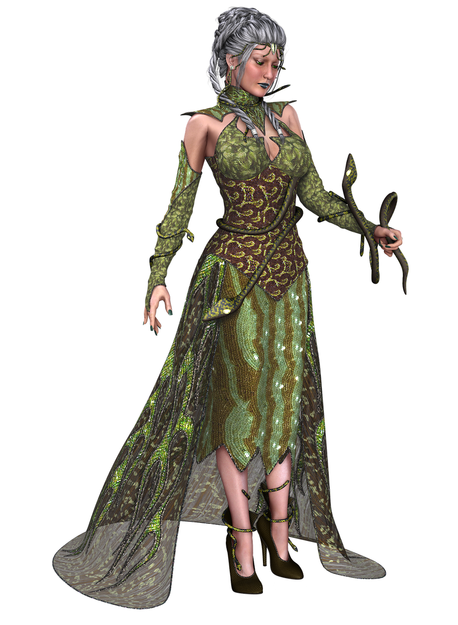a digital art image depicts a woman dressed as medusa, a character from greek mythology. she has pale skin, gray hair styled in a braided updo, and a headdress. her dress is a unique design, predominantly green and brown, with snakelike patterns and textures. the bodice and skirt have different patterns, and the dress features a high collar with cutout details. the dress also has long sleeves. a snake is wrapped around her arm, and she holds another snake in her hand. she is also wearing green high heels. the background is solid black, emphasizing the woman and her attire.
