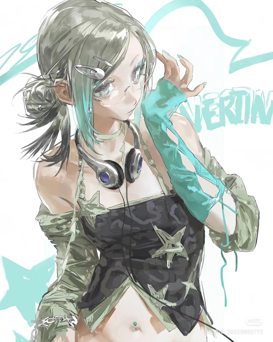 the image showcases a stylized drawing of a young woman with a futuristic, cyberpunkinspired aesthetic. she has short, choppy green hair with blue highlights and is wearing large, round glasses. a pair of headphones rest around her neck, and she sports a cropped, sleeveless top with a star pattern and loose, flowing fabric. her outfit includes an arm warmer with intricate blue patterns, and she accessorizes with a belly button piercing and various rings and bracelets. the background is white with faint blue brushstrokes. the image has a soft, bright lighting and is drawn from a slightly low angle, emphasizing the girl's confident pose.