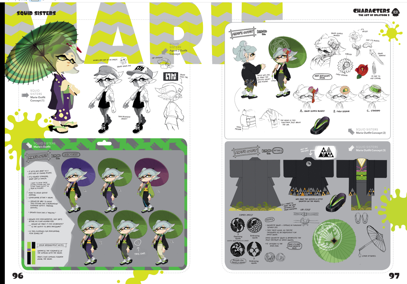 the image showcases a page from "the art of splatoon 2" featuring concept art for the character marie from the squid sisters. the art focuses on various iterations of her outfit, a black and white kimono with geometric patterns. different hairstyles, headwear options, and closeups on details like the fabric pattern are presented.  accompanying text provides insights into the design process.