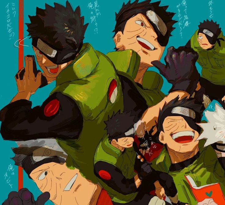 an image showing different versions of kakashi, obito, and rin from the anime naruto. the image is drawn in a stylized anime style. the image is full of colour. the characters appear to be in a happy mood. the image depicts a scene from the anime.