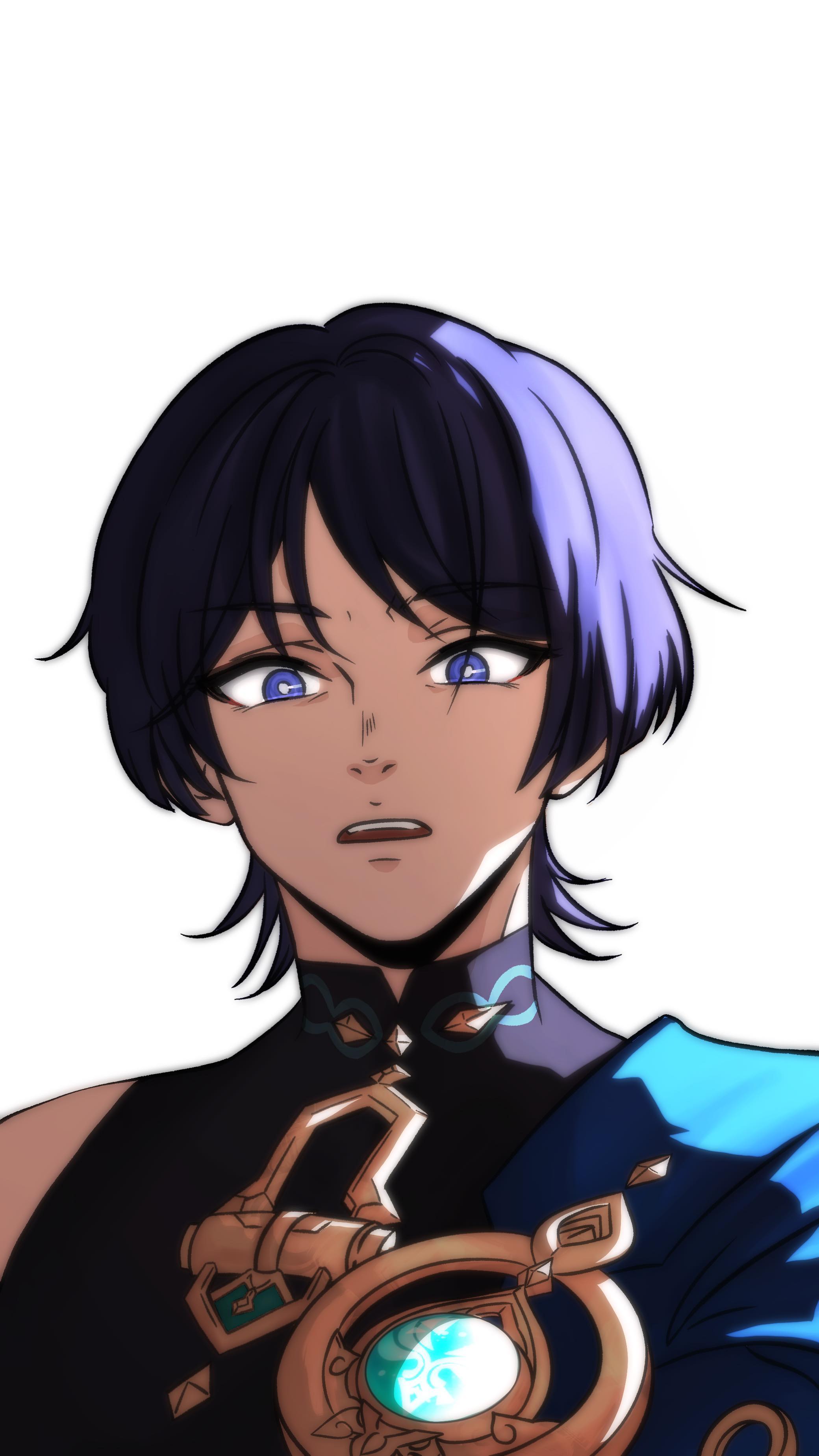 he image is a digital drawing or illustration of an animestyle male character. he has short, dark blue and purple hair, and his expression is one of worry or concern.  he is dressed in dark clothing with gold, ornate jewelry, including a large pendant or necklace with a glowing blue gem at its center. the style is detailed and elegant, suggesting a character from a fantasy game or story. the background is white, focusing attention on the character. the character's skin tone is brown.
