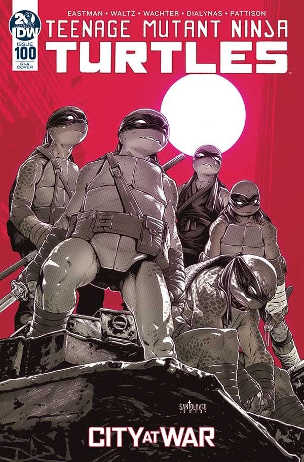 the cover art for teenage mutant ninja turtles #100 shows the four turtles in an action pose, with their weapons drawn, on a rooftop overlooking a city. they are surrounded by shadowy figures, possibly members of the foot clan, and the image is set against a backdrop of a bright red sky. the cover is titled "city at war" and is part of the 20th anniversary celebration for the comic series.