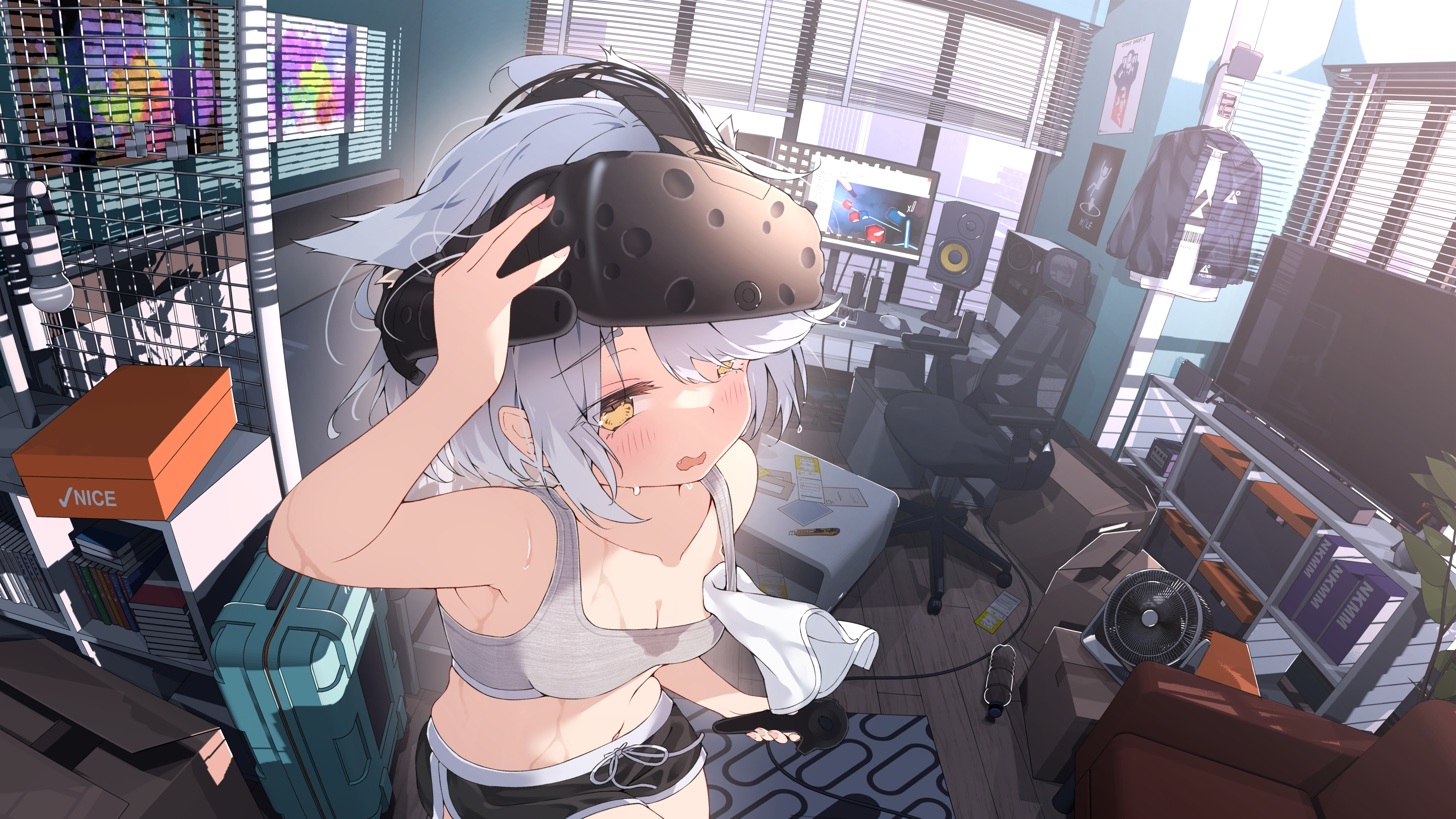 the image is a digital illustration or fanart depicting a cute animestyle girl with silver hair and cat ears. she's wearing a grey sports bra and shorts and appears to be sweaty, possibly from playing a vr game.  she's taking off a vr headset, showing signs of exhaustion or concentration. the background is a messy room with a computer setup, gaming chair, boxes, and luggage, suggesting a gamer's space or bedroom. the overall style is vibrant and colorful, with a focus on the character's expression and the contrast between her appearance and the cluttered background. the lighting suggests a sunny day outside.