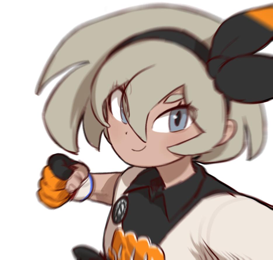 a digital illustration of a girl from the pokemon anime series. she is wearing a black and orange trainer outfit and has her hair tied up in a headband. she has a determined look on her face and is posing with her fist in the air, as if she's about to attack.  she has a wide smile on her face.