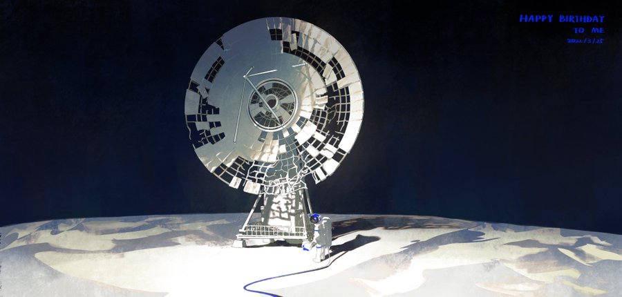 a digital art piece featuring an astronaut standing next to a satellite dish on the moon. the satellite dish is silver and reflects the light of the sun.  the astronaut is wearing a white suit and a blue helmet. the background is a black sky. the text "happy birthday to me 2022/3/27" is written in blue letters on the top right corner of the image.  the image appears to be celebrating a birthday.