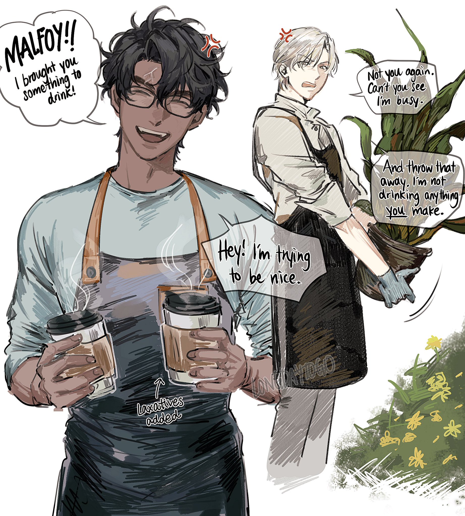 he image is a digital fanart depicting a humorous interaction between two male characters. one is a barista with dark hair and glasses, wearing an apron and holding two cups of coffee.  he's attempting to be friendly and offers a drink to the other character, who is clearly annoyed.  the second character is blonde, wearing gardening attire and is visibly irritated, rejecting the coffee and expressing his busyness. the scene is set against a backdrop of plants, and speech bubbles convey their dialogue, hinting at a playful or antagonistic dynamic. the style blends elements of manga and western comic art.  the coffee is labeled as having laxatives added.