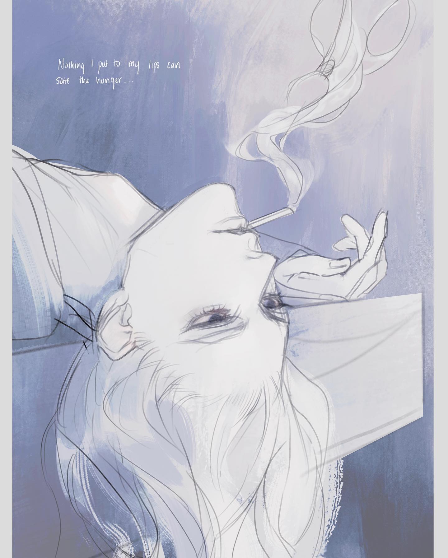a stylized drawing of a young man with silver hair lying down and smoking a cigarette.  his eyes are downcast and the overall mood is melancholy. the text "nothing i put to my lips can soothe the hunger..." is written above his head.  the background is a wash of blue and grey tones.