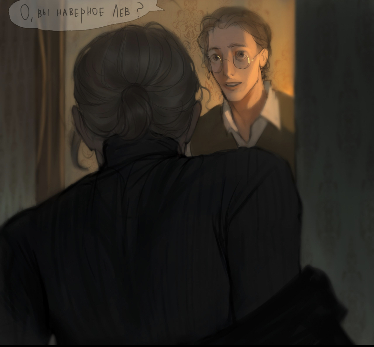 a woman stands with her back to the viewer, gazing at a man framed in a doorway. the man, wearing round glasses and a subtle smile, is bathed in warm light from behind, creating a halo effect. the woman, dressed in dark clothing, is partially obscured, adding to the intrigue of their interaction. the text above her head, written in russian, translates to "oh, you must be leo?". the overall atmosphere is one of mystery and anticipation, leaving the relationship between the figures and the context of their conversation open to interpretation.