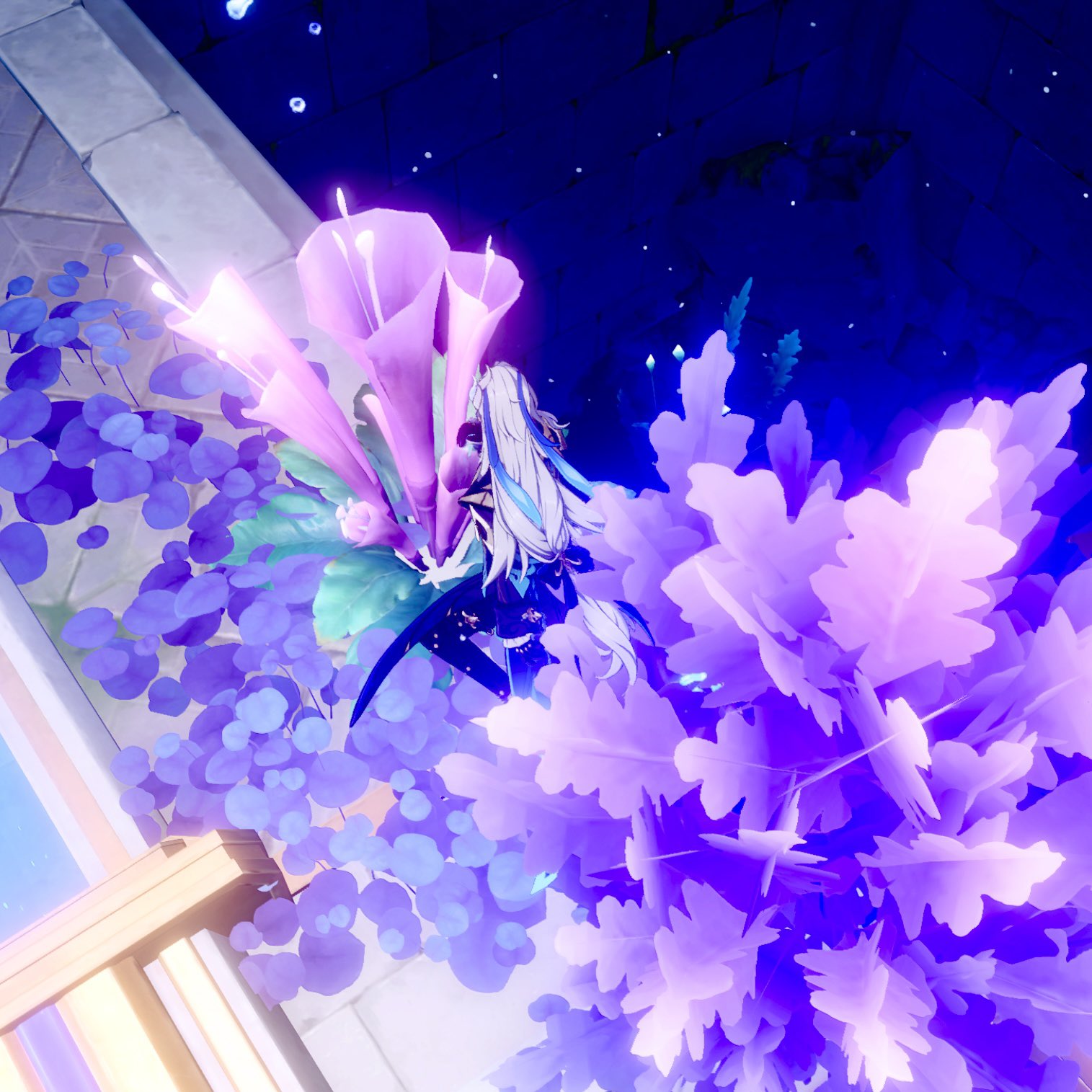 a vibrant and magical screenshot from the video game genshin impact, featuring the character ganyu amidst a cluster of glowing purple and blue flowers. the scene is richly detailed, with various types of foliage and a soft, ethereal glow enhancing the fantasy setting.  ganyu, partially obscured by the flowers, is visible in her characteristic attire.  the overall atmosphere is serene and mystical.