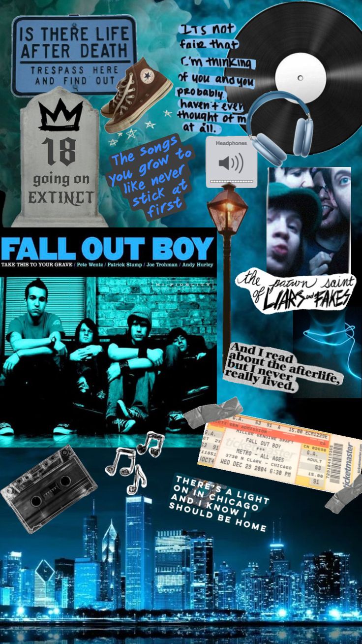 a collage of various elements associated with the band fall out boy. it features a stylized album cover with the band name and a list of band members, a ticket for a fall out boy concert, a stylized city skyline with lights, lyrics from songs, a cassette tape, and a photo of the band members with a punkinspired aesthetic. the collage is a representation of fall out boy's music and themes.