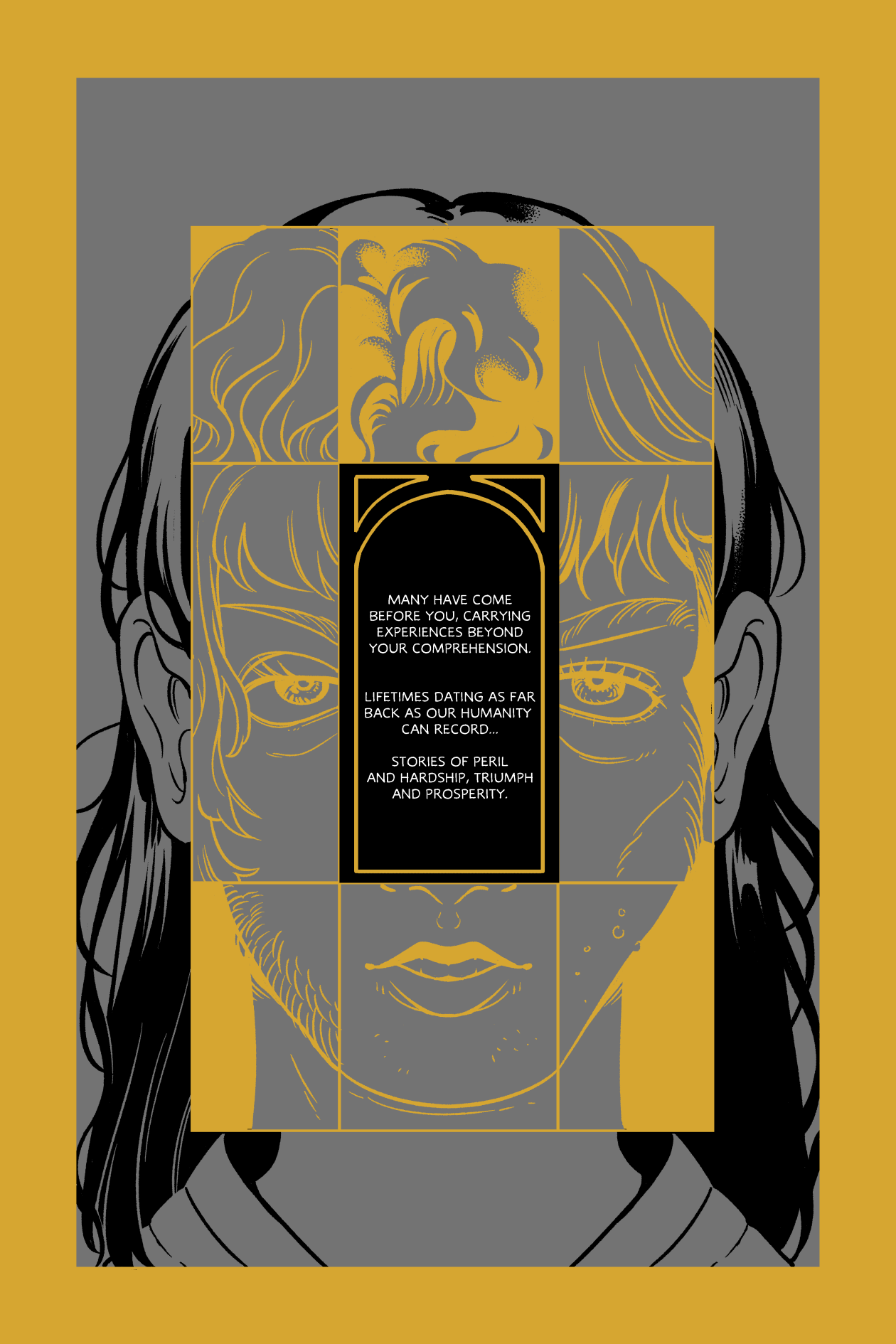 the image is an illustration of a woman's face created with a woodcut or etching style. the style uses bold black lines and crosshatching for shading. her face is framed within a geometric design that incorporates a rectangular area filled with a mustard yellow color.  within this yellow area is a black border framing a quote about the experiences of those who came before us.  the overall color palette is limited to black, gray, and yellow.