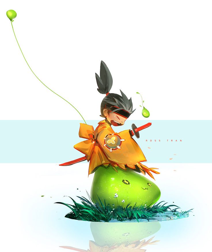 an anime/mangastyle digital illustration features a character resembling a samurai. this character is blindfolded and dressed in a yellow kimono with a bow at the back and a red sword. the character is seated atop a large, green, pearshaped plant with a face on it, which is surrounded by lush green grass. the scene is set in a watery environment, with a reflection of the pear plant visible in the water below. a green orb dangles above on a long, thin stem, and another orb floats near the character's face. the artist's name, "ross tran," is visible in the background.