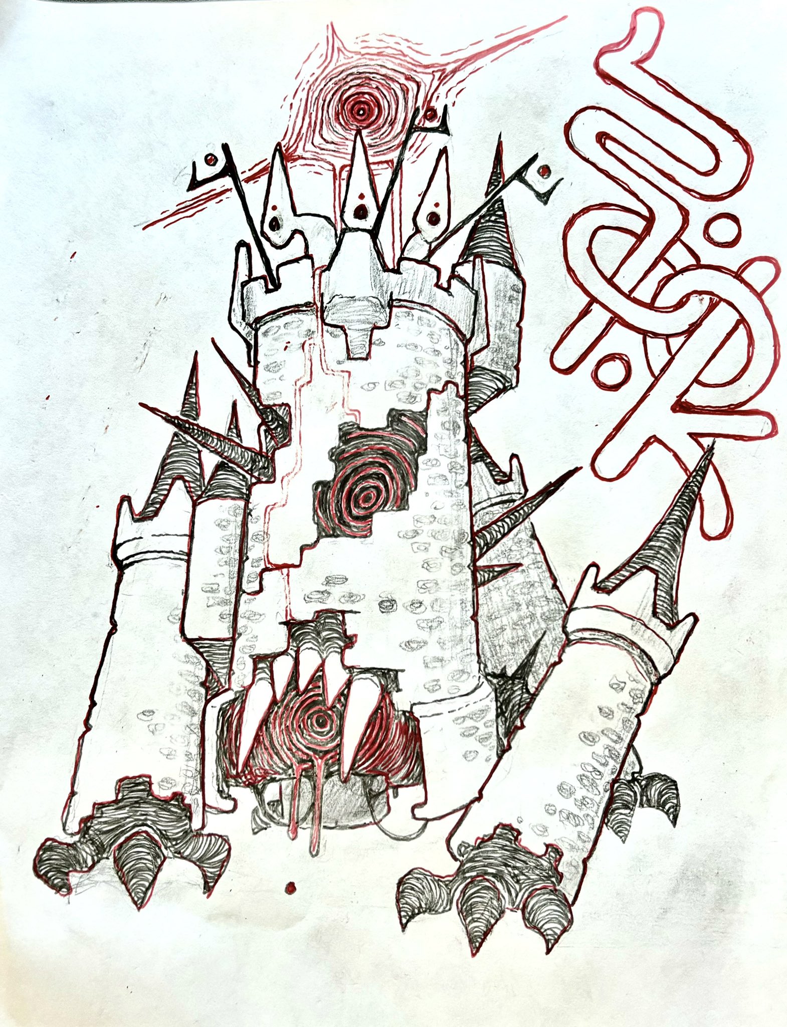 a castlelike monster drawn in black pen with red accents for the teeth, eyes, and other details. the monster has six towers, four short and two tall. each tower is capped with sharp spikes and flags. it appears to be drooling, and there is blood around its mouth. the background is white.
