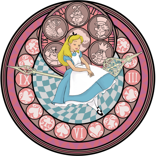 this image reimagines a scene from disney's alice in wonderland as a circular stainedglass window.  it features alice at its center, sleeping peacefully atop a clock hand.  surrounding her are iconic characters and symbols from the film: the mad hatter, the cheshire cat, the white rabbit, the queen of hearts, the king of hearts, playing cards, and a checkered pattern reminiscent of the game board in the story.  the overall aesthetic is whimsical and dreamlike, with soft lighting and a predominantly pink and brown color palette.