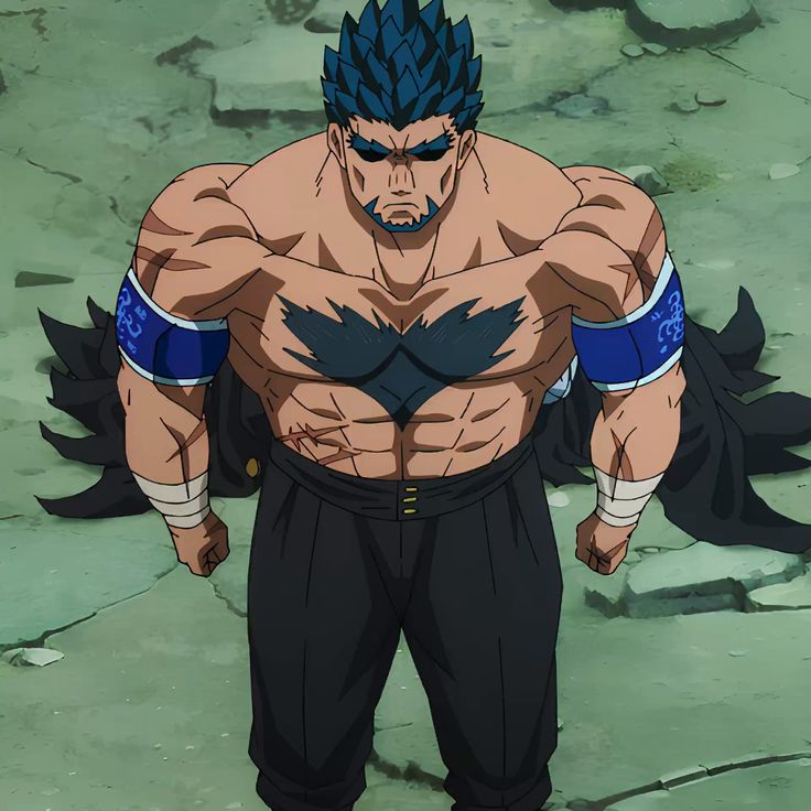 this is a digital art image of an anime character. he is a muscular, powerful, and fiercelooking warrior. he has blue hair, a black tattoo on his chest, and blue wristbands. he appears to be in a battle or fighting pose, and he has an angry and determined expression on his face. he is likely a character from an anime series.