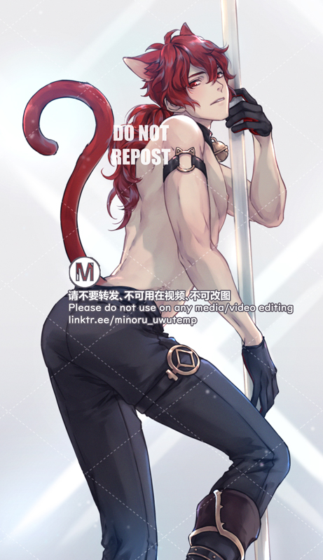 a drawing of an anime boy with red hair and cat ears. he is wearing black pants and boots, and he is holding a pole. the image is very sexy and the boy is looking at the viewer with a mischievous smile.  the image has a note at the bottom that says "please do not use on any media/video editing".