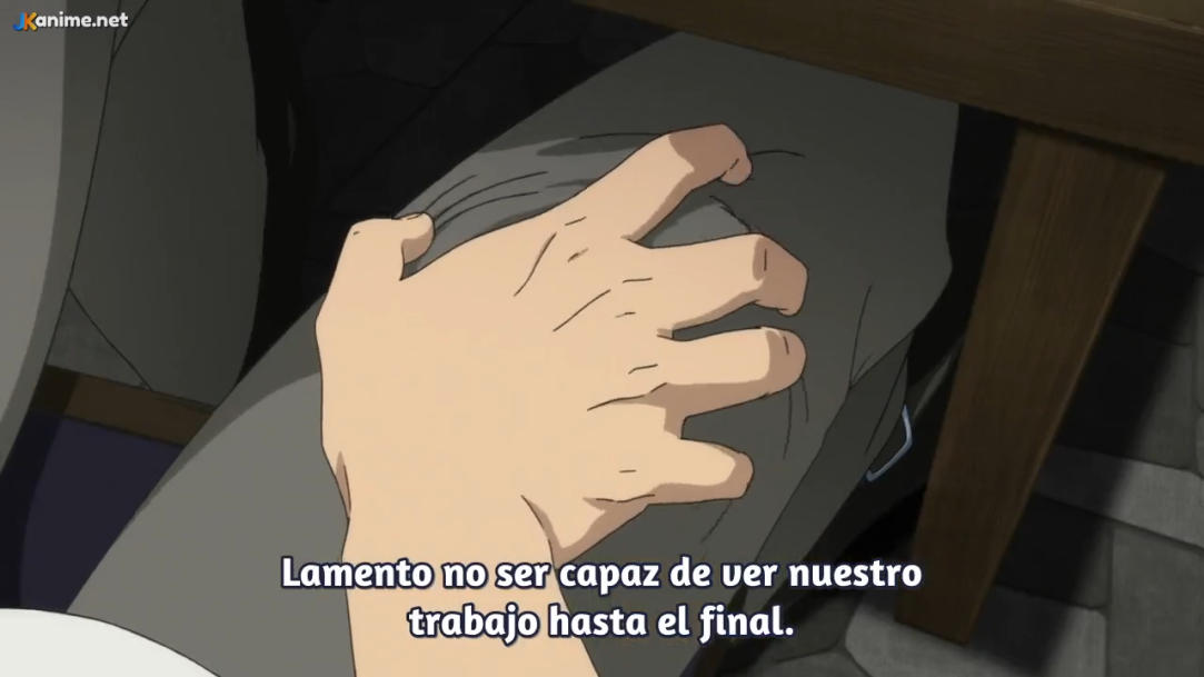 a closeup shot of a hand gripping onto fabric. the hand has a pale skin tone. the fabric is dark gray.  there is text in spanish at the bottom of the image. the text translates to "i'm sorry i won't be able to see our work through to the end."