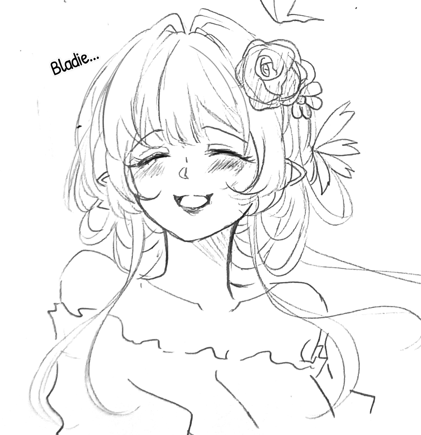 this is a line drawing of a cute anime girl with long hair and a flower in her hair. she is smiling and looks happy. the drawing is in black and white and is done in a simple, cartoon style. the girl is wearing a dress and is standing in front of a white background.