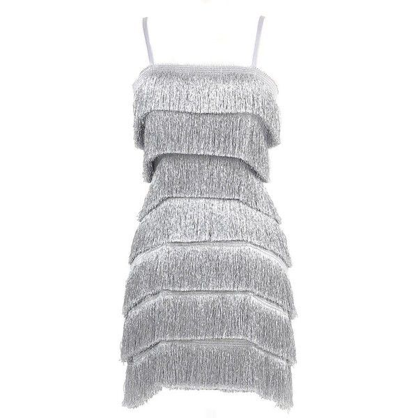 a silver fringe dress with spaghetti straps is displayed on a white background. the dress is sleeveless and kneelength.
