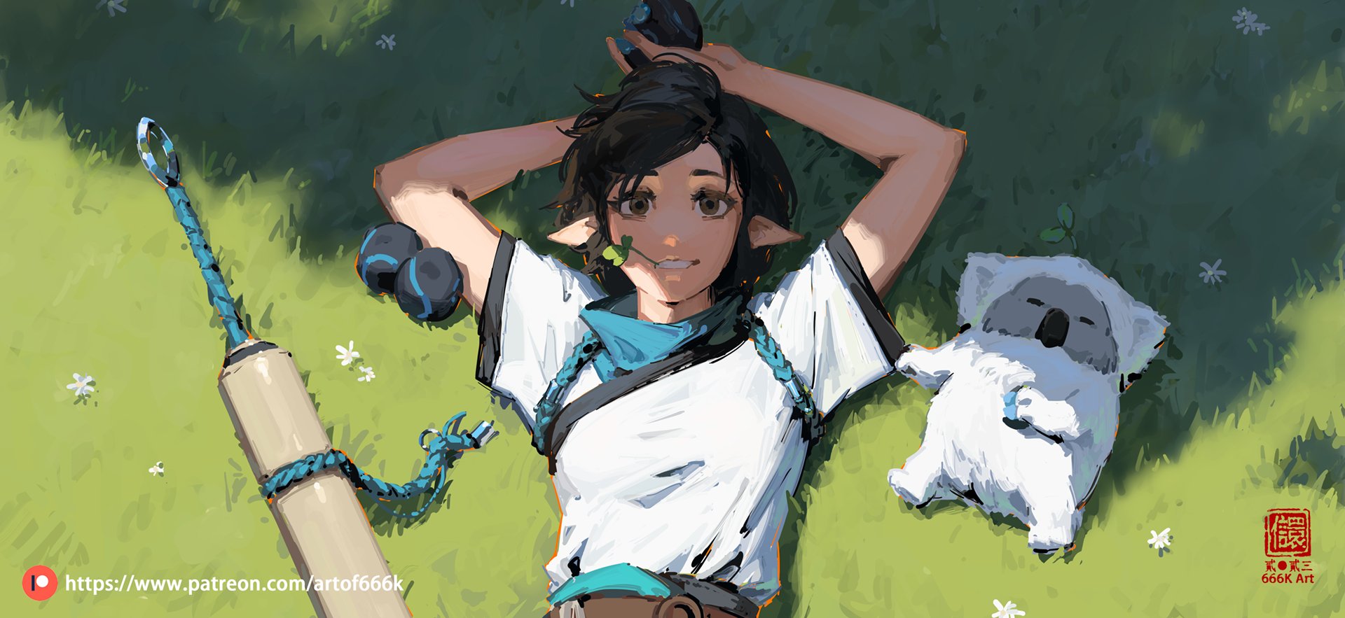 the image is a digital painting depicting a young animestyle female elf with pointed ears, lying on her back in a grassy field. she's wearing a white shirt and teal accents, and has dark hair pulled back.  she has a relaxed posture, arms behind her head.  a small, fluffy, white koala is sleeping beside her.  a long staff with a teal wrapped handle lies diagonally in the grass near the girl.  small white flowers dot the green grass.  the style is soft and painterly, with a focus on warm lighting. a watermark with the artist's name and patreon link is visible. the overall mood is one of peace and relaxation.
