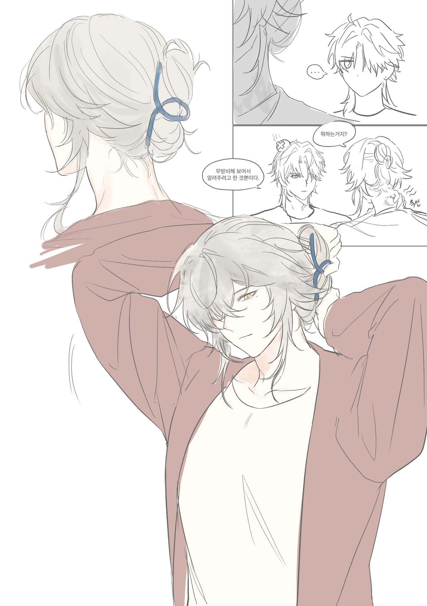 the image is a digital illustration of an anime boy with long silver hair, wearing a pink jacket over a white shirt.  the character has a sweet expression and he is drawing the jacket's sleeve on his right arm. the lines are drawn with a delicate, sketchy style and the colors are muted, giving the image a soft and gentle feel. the illustration is likely a fan art of a popular anime character or a character created by the artist.