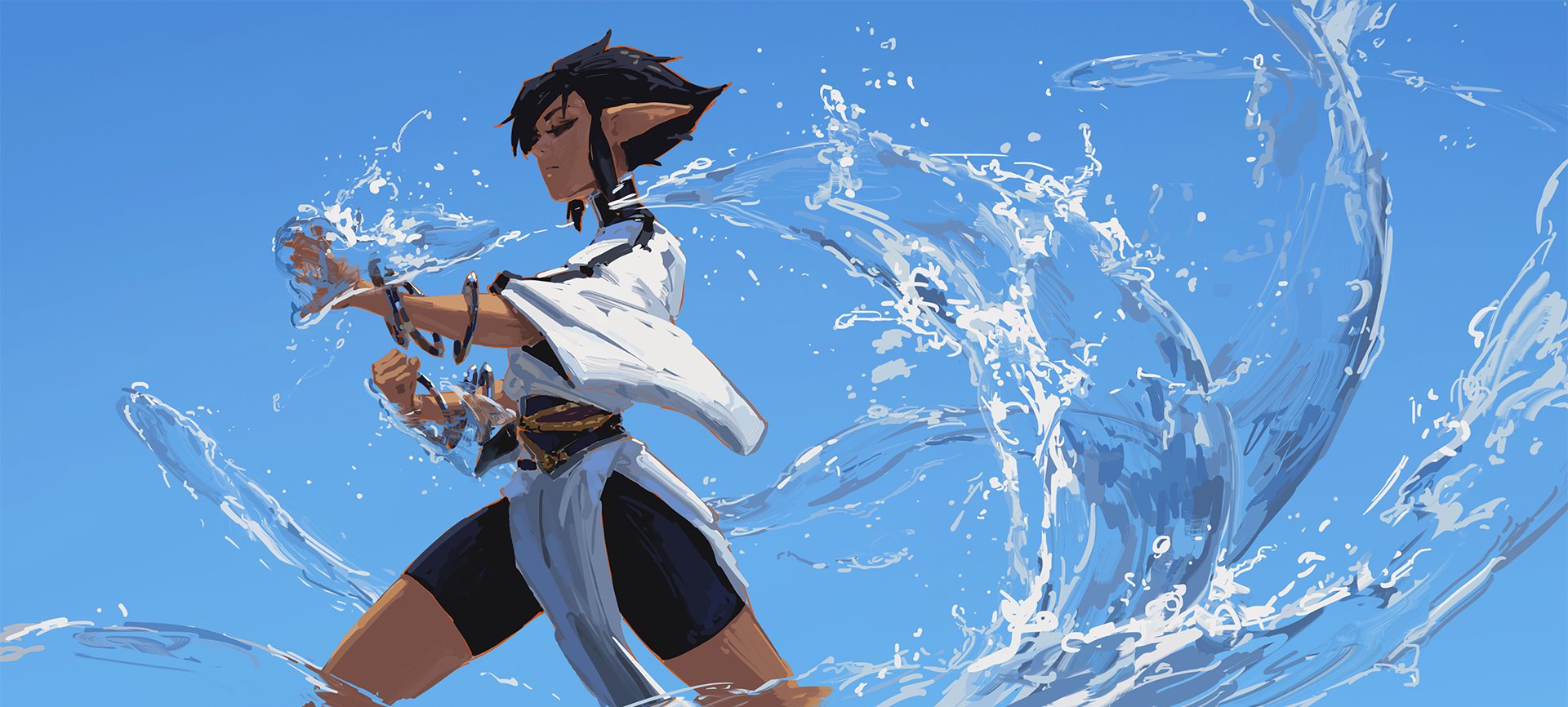 the image is a digital painting depicting a stylized female elflike character with dark hair and pointed ears. she's wearing a white, flowing top and dark shorts, and is caught in a dynamic pose, seemingly manipulating water with her hands.  large splashes and swirls of water surround her, suggesting she's actively controlling the water's movement. the background is a clear blue sky, contrasting with the splashes of water. the overall style is reminiscent of anime or fantasy art, with a focus on dynamic action and vibrant color. the artist uses loose brushstrokes to convey a sense of movement and energy.