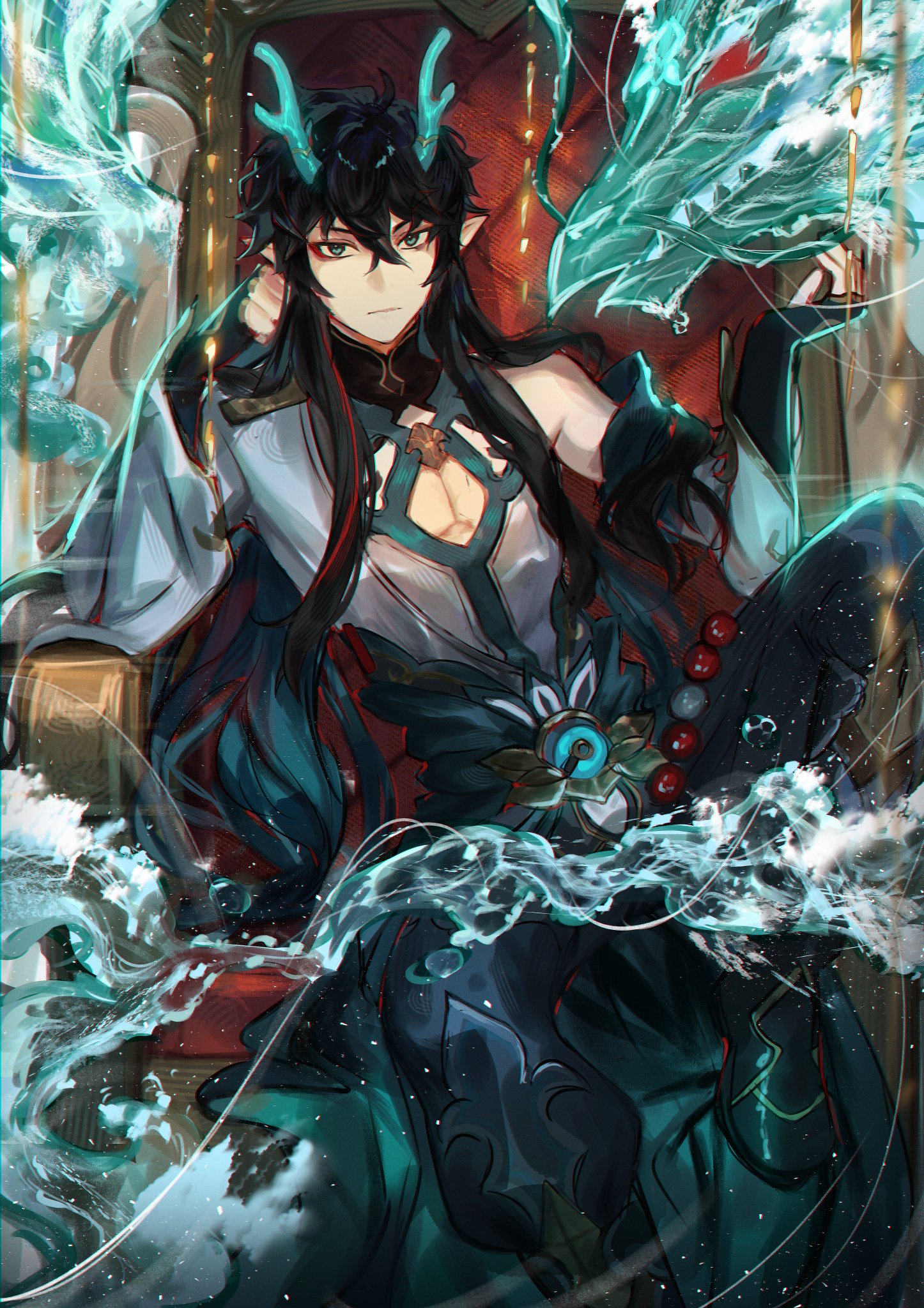 the image depicts a fantasy anime character in a powerful and majestic pose. the character, a young man with long black hair and blue eyes, wears a long, flowing robe adorned with intricate patterns and accessories. he sits on a throne, his form framed by swirling blue water. his horns, a prominent feature, curve backward and add to his imposing presence. the overall ambiance of the artwork is one of magic and power.