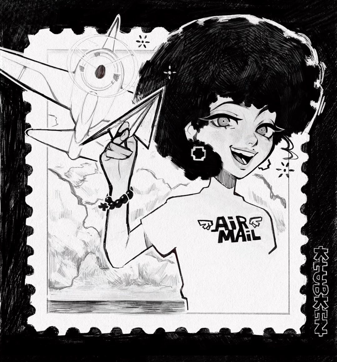 a black and white illustration of a girl with a large afro. she is holding a paper airplane in front of a drawing of a larger airplane and clouds, all contained within the design of a postage stamp. the girl's shirt reads "air mail". the style is a mix of cartoonish and slightly animeesque. the overall tone is whimsical and fun.