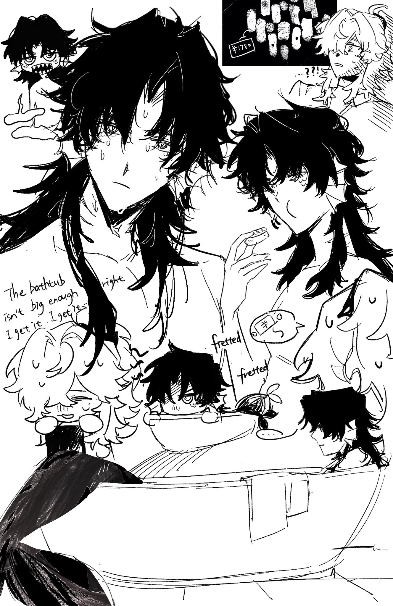 the image is a collection of black and white sketches in an anime/manga style. the central focus is on two primary characters, one with long, flowing hair and a somewhat distressed expression, and another with shorter hair also seeming concerned.  surrounding them are smaller, chibilike versions of the characters and additional figures, including one seemingly blond character in the upper right corner. there are also sketches of hands and some text including dialogue ("the bathtub isn't big enough, i get it. i get it," and "fretted"). the style is loose and dynamic, with a mix of detailed character expressions and more roughly sketched background elements. a bathtub is prominently featured in the bottom half. the overall mood is one of slight anxiety and concern.