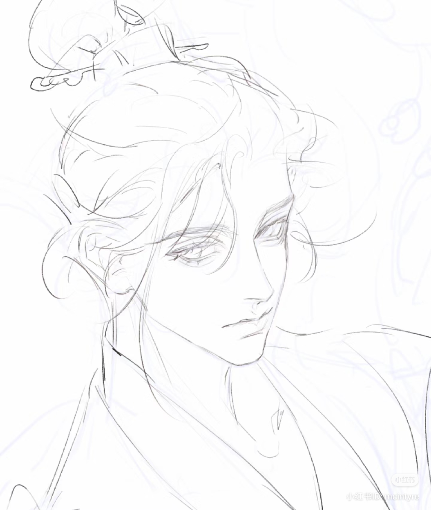 the image is a black and white sketch of a man's face and upper torso. the style is reminiscent of traditional chinese art, particularly in the depiction of the man's clothing and hairstyle, which suggests he is wearing hanfu and has his hair in a bun. the man is looking slightly down and to the right, and his expression is serious and contemplative.