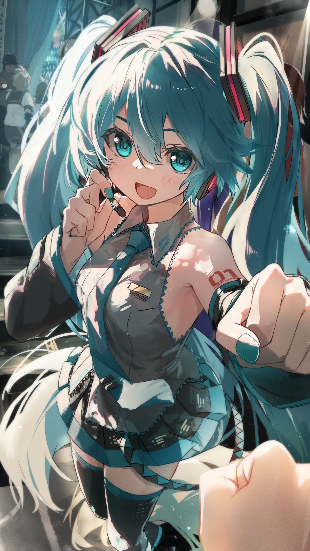 a dynamic closeup digital illustration of hatsune miku, a popular vocaloid character.  she's depicted with her signature turquoise twintails and headphones, wearing a tealcolored outfit with intricate details.  her expression is cheerful and energetic, and she's making a hand gesture that gives the image a sense of motion and excitement. the art style is vibrant and stylized, with highly detailed rendering of her hair, clothing, and skin. the background is slightly blurred, drawing focus to miku.  a hand appears in the lower right corner, suggesting interaction or a narrative element beyond just miku herself.