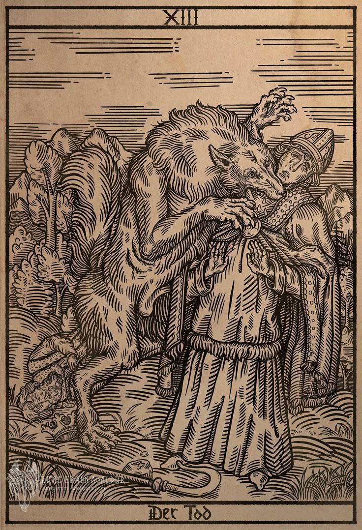 the image is a woodcutstyle tarot card, labeled xiii and "der tod" (german for death), depicting a large, aggressive werewolf attacking a man. the man, who appears to be a monk, is being bitten on the neck by the werewolf. he has his hands up in a gesture of defense or surrender. a crown and a scepter lie on the ground, suggesting a loss of power or status. the scene is set in a wooded area.