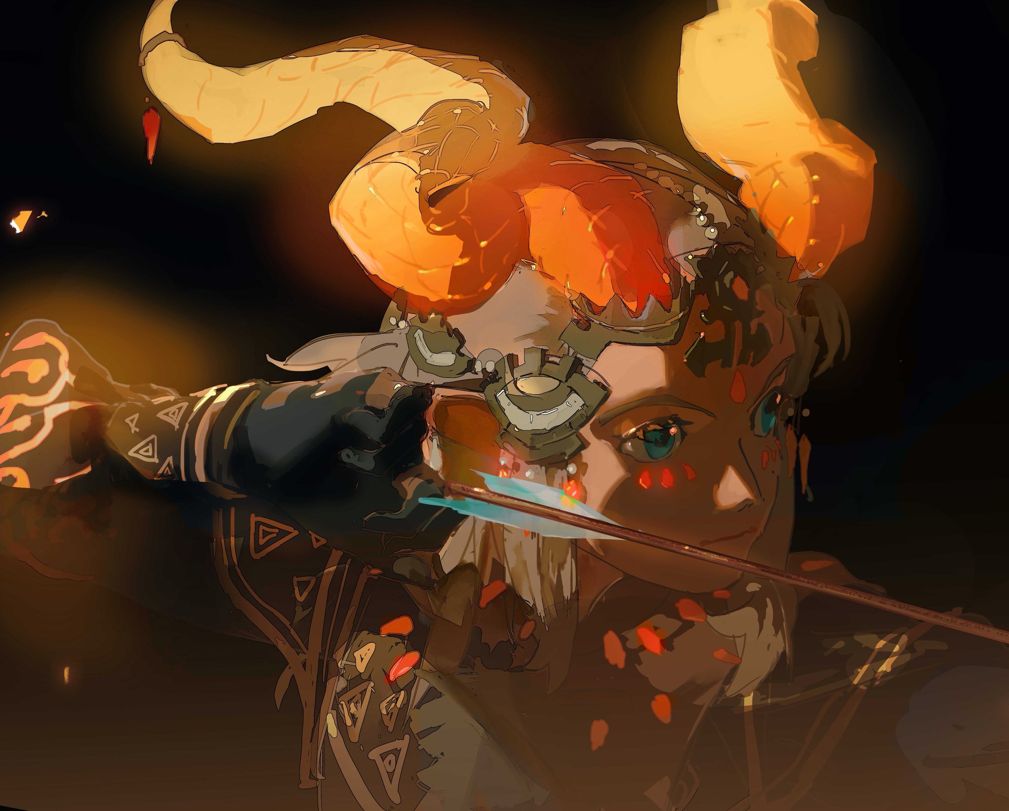 this digital art painting depicts a female warrior with firelike horns and a headband, drawing back a bow and arrow. she has a determined and focused expression on her face, and the image is filled with a sense of power and fierceness. the artwork is richly detailed and evocative, with vibrant colors and dramatic lighting.