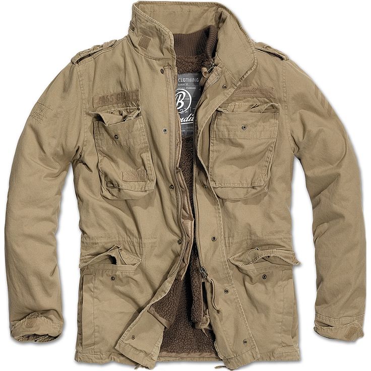 a tan military style jacket with a fleece lining. the jacket has a zipper and button closure, four large pockets on the front, and a small pocket on the left sleeve. the jacket is made of cotton and is designed for warmth and durability.