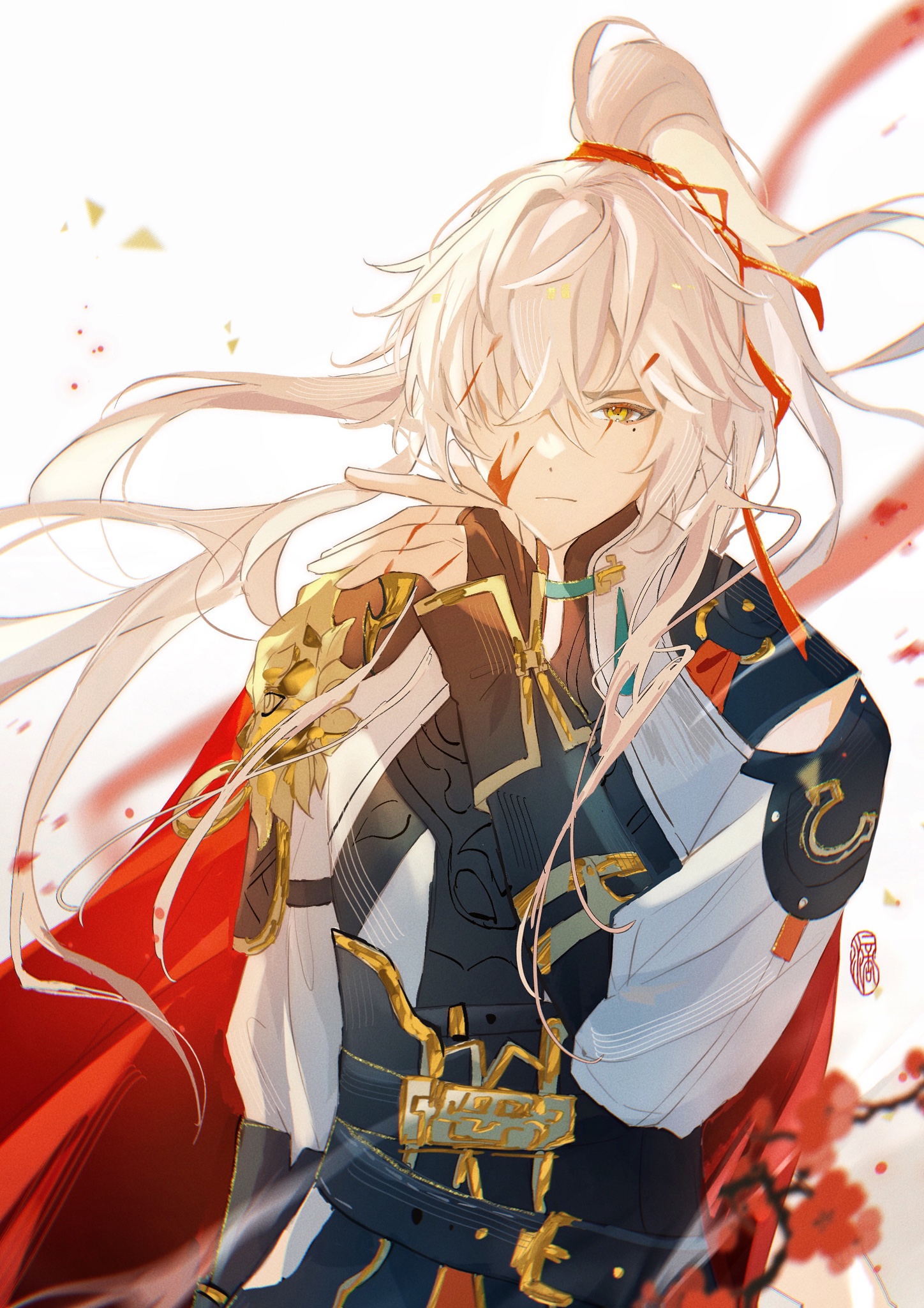 an illustration of a male anime character with long white hair, red eyes, and a red cloak. he is wearing gold armor and a sword. he is a character from the video game genshin impact. the character is itto, a geo character.