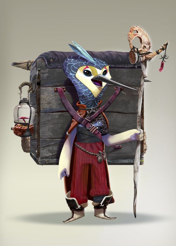 a whimsical fantasy character, depicted as an anthropomorphic bird, stands holding a staff while burdened with a large wooden trunk strapped to its back. the bird has striking blue and yellow plumage, and wears what appears to be partial armor, a black belt, and red striped pants ending in pointed boots. a lantern is attached to the side of the trunk. the staff it holds is topped with a skeletal head and other trinkets.