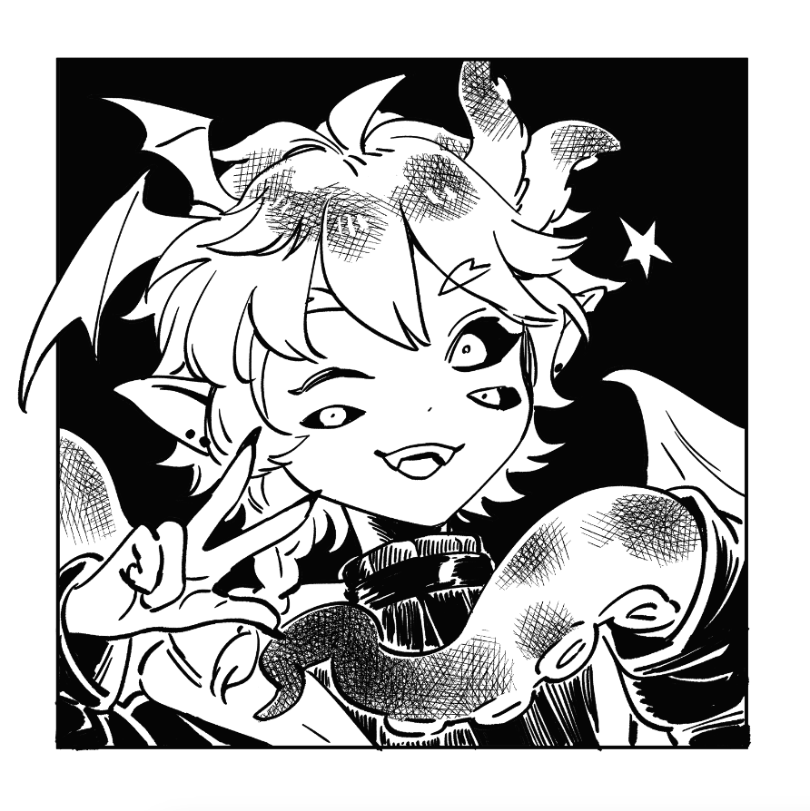a black and white illustration of a cute anime girl with horns, wings, and a mischievous grin. she is drawn in a manga style with detailed hatching and shading.