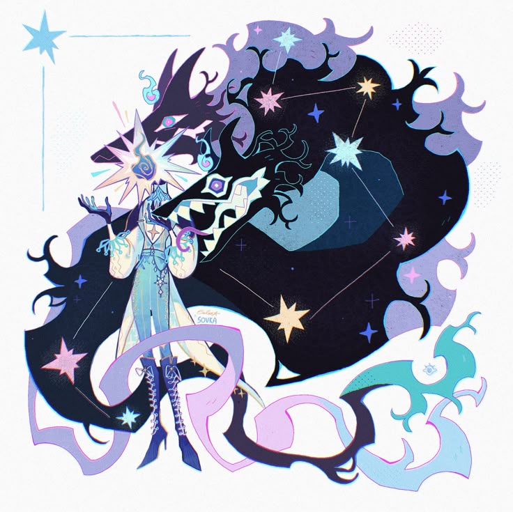 a whimsical illustration of a character in a long, light blue robe and tall blue boots, standing with open arms beneath a cape that transforms into a constellationfilled wolf and dragon figure. stars of various colors and sizes are scattered throughout the image, adding to the celestial theme. ribbons in shades of purple and blue swirl around the character, and the overall style is ethereal and magical. the artwork is signed "sovka".