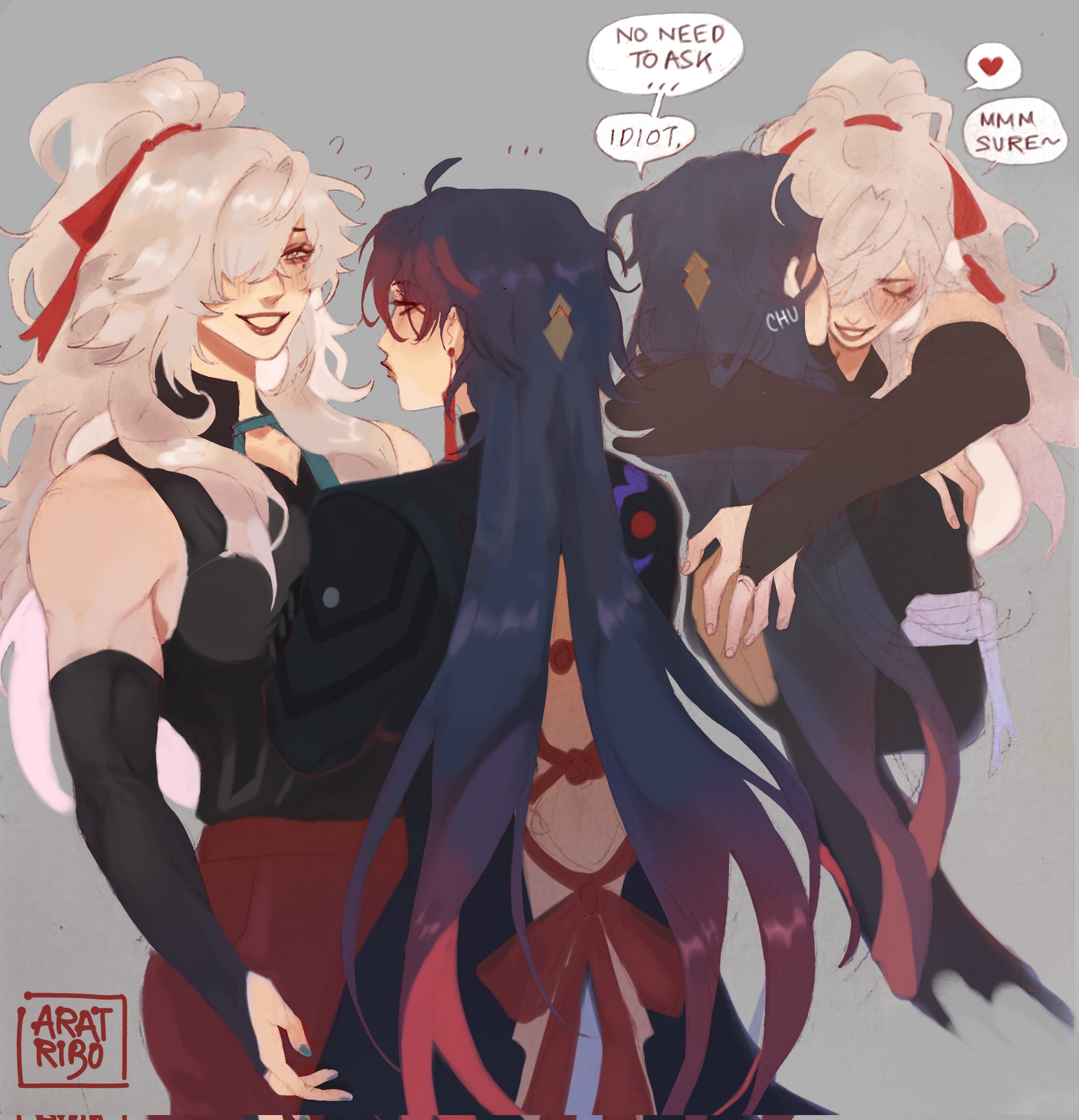 the image is a digital illustration of three anime girls. the girl in the center with black hair is holding the girl with white hair while the girl with white hair is hugging the girl with black hair from the back. the girl in the center is looking to the left of the image and the girl with white hair is looking at the girl in the center. the girl in the back is smiling at the girl in the center. the girl with black hair has red eyes, the girl with white hair has blue eyes and the girl with white hair has purple eyes. the girl with black hair is wearing a black dress with a red ribbon and a white shirt. the girl with white hair is wearing a gray shirt and gray clothes. the girl with white hair has a black ribbon on her hair. the background is gray.
